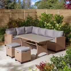 Rowlinson Garden Deluxe Rattan Corner Sofa Dining Set 8 Seat Oatmeal -Bloom Haven Herbaceous Perennials Deals Store AlbanyCornerset Wheat 01