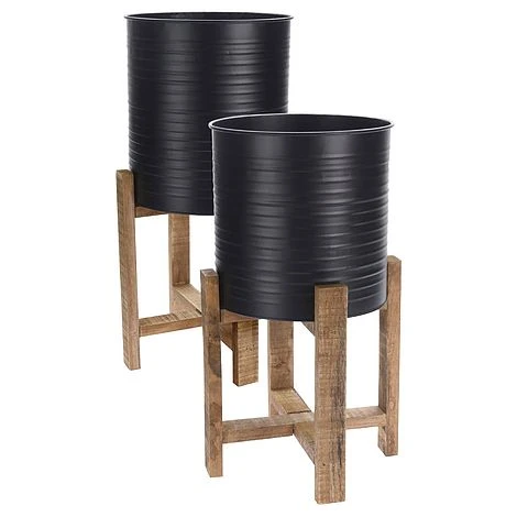 Idooka Metal Barrel Plant Pot Pair With Wooden Stands 2 Idooka Metal Barrel Plant Pot Pair With Wooden Stands - Image 2