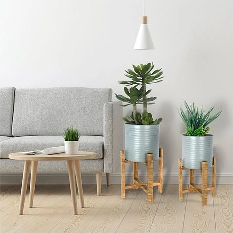 Idooka Metal Barrel Plant Pot Pair With Wooden Stands 8 Idooka Metal Barrel Plant Pot Pair With Wooden Stands - Image 8