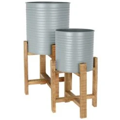 Idooka Metal Barrel Plant Pot Pair With Wooden Stands 11 Idooka Metal Barrel Plant Pot Pair With Wooden Stands -Bloom Haven Herbaceous Perennials Deals Store FZ30005 PLANTERS.Grey .Main