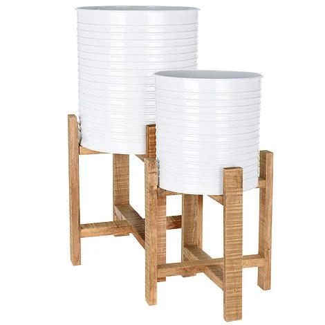 Idooka Metal Barrel Plant Pot Pair With Wooden Stands 9 Idooka Metal Barrel Plant Pot Pair With Wooden Stands - Image 9