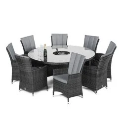 Maze Rattan LA Garden Dining Set Round With Ice Bucket 8 Seat -Bloom Haven Herbaceous Perennials Deals Store LA 8 Seat Round Ice Bucket grey flat weave white out 1SQ